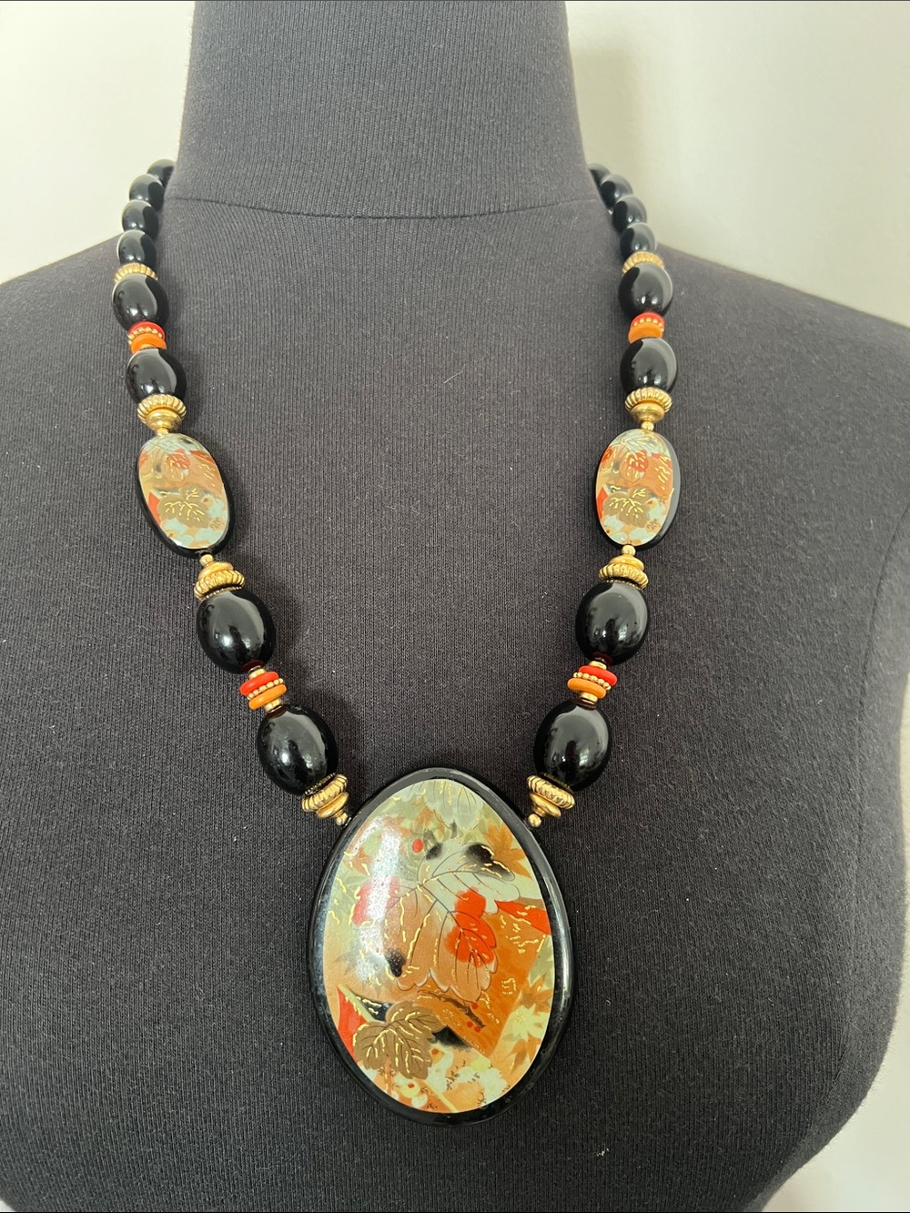 Hand-Painted Black Bead Necklace with Floral Pendant Japan signed